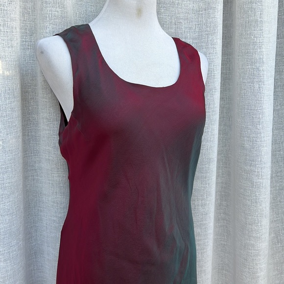 Miller Shor burgundy color shiny silk slip on dress with layered ruffles. - Picture 2 of 9